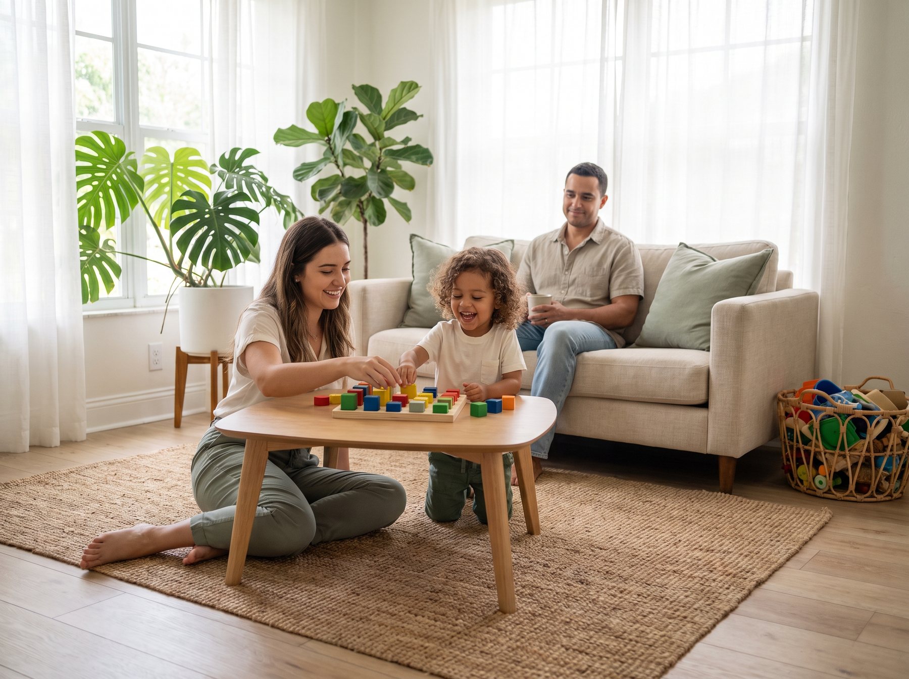 A behavior therapist playing a color-sorting game with a young child during an in-home session while a parent watches