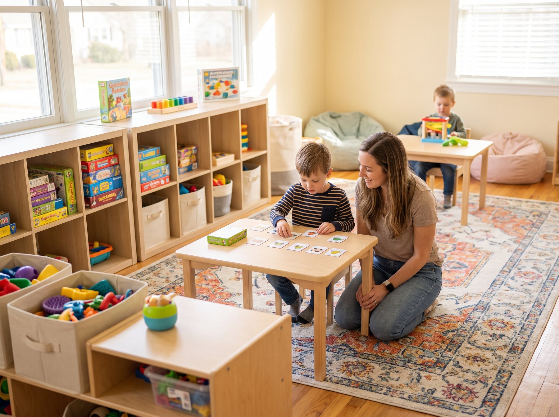 A bright therapy center activity room where a therapist guides a child through a matching game